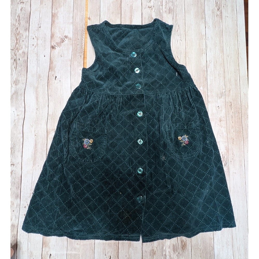 Vintage McKids 90s green corduroy sleeveless dress w/ embroidered florals size 5